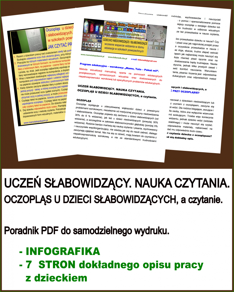 UCZEŃ SŁABOWIDZĄCY. NAUKA CZYTANIA. OCZOPLĄS U DZIECI SŁABOWIDZĄCYCH, a czytanie. Poradnik PDF do samodzielnego wydruku.